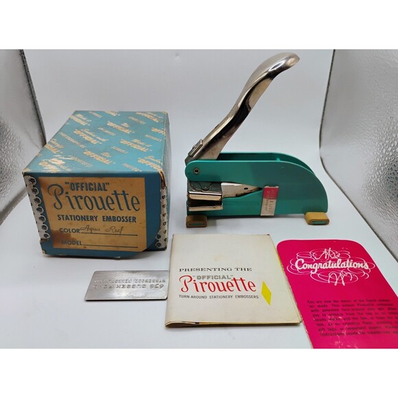 Vtg.  Pirouette Desk Stationary EMBOSSER Stamper Midcentury Mod Aqua Reef Blue - Picture 1 of 13
